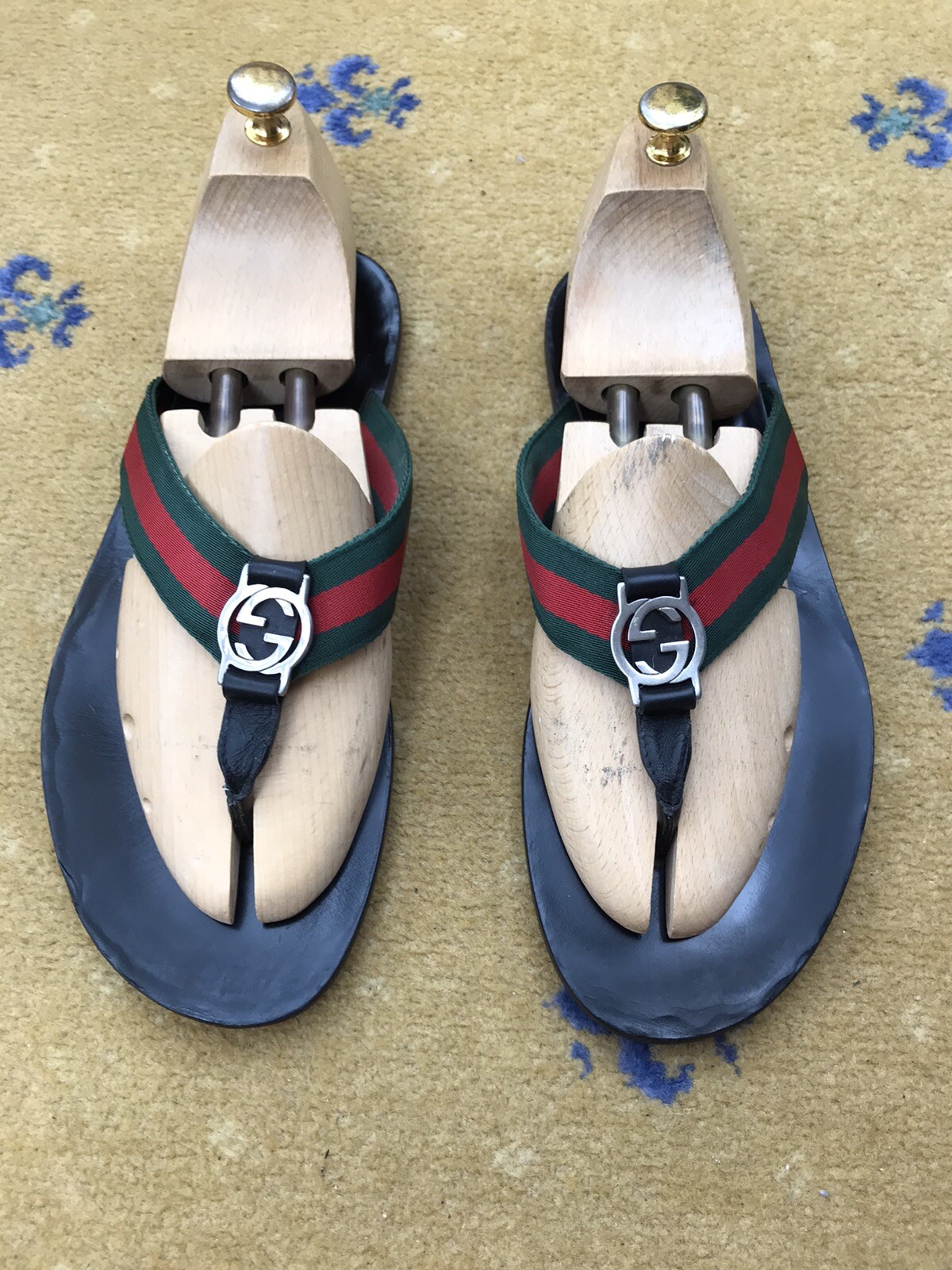 Gucci Sandals Leather Shoes Thong Black Web Green Red Metal G Men UK 10 US 11 44 thumbnail 4