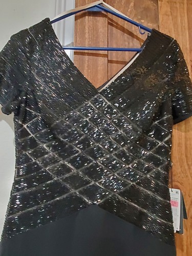 Adrianna Papell Perlen schwarz formelles Kleid V-Ausschnitt Bugle Perlen Oberteil Größe 4 neu mit Etikett - Bild 3 von 14