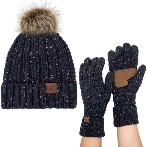 C.C Thick Cable Knit Faux Fur Pom Beanie & Glove Set - Picture 47 of 51