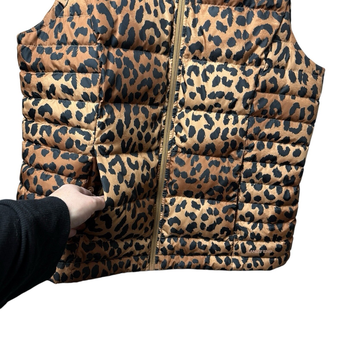 Lands' End Down Vest Brown Black Cheetah Puffer 600 Fill Lands' End Down Vest Brown Black Cheetah Puffer 600 Fill