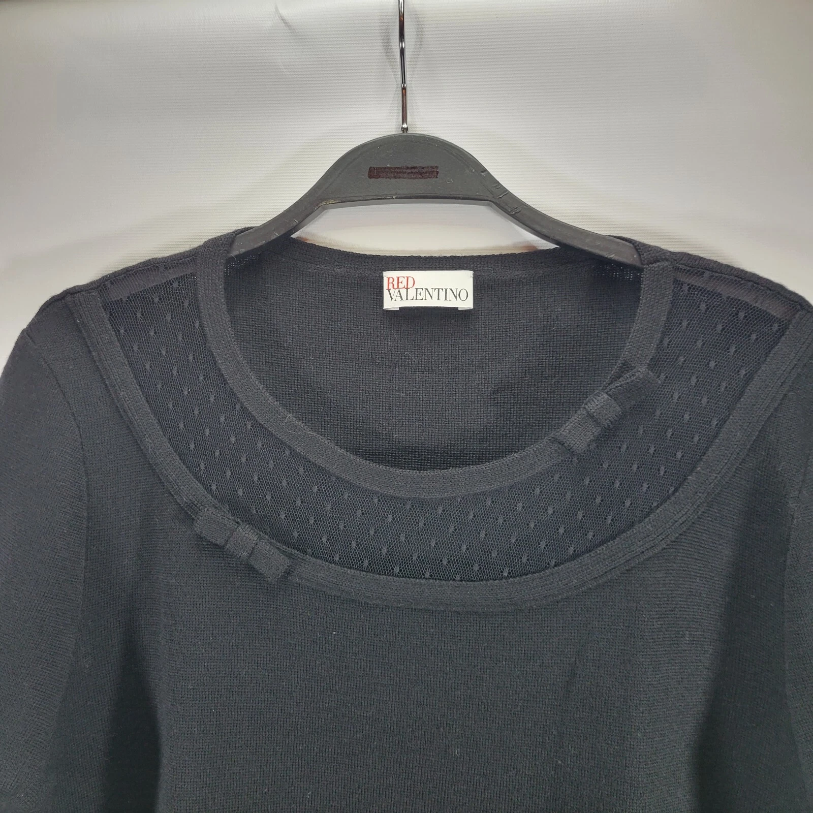 ABITO ROSSO VALENTINO 100% LANA VERGINE CARINO NERO NASTRO FIOCCO PIZZO RETE RETE TAGLIA XL