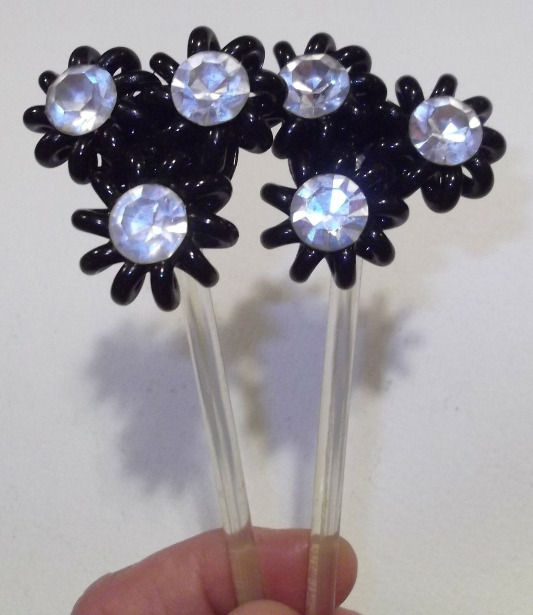 Vintage Victorian Old Pair of Rhinestone Bun holders Lucite Stems 48 Rhinestones Vintage Pair of Rhinestone Flower Two-sided Hair Sticks/bun  main image 2