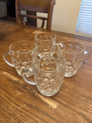#ad 4 VINTAGE Clear Glass Thumbprint Barrel Beer Mugs 16oz Made In France $39.99