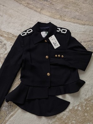 GIZIA Black Peplum Jacket with Gold Button & Epaulette Accents, Size 38