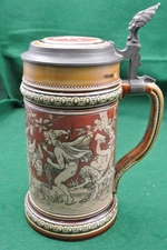 Villeroy & Boch Mettlach #2035 Stein Etched Bacchus Procession Scene 1L cir 1900