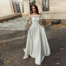 Vintage Lace Boat Neck Wedding Dress For Women Soft Satin A-Line Bridal Gowns