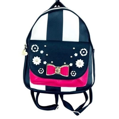 VNTG Betsey Johnson Black Rugby Stripe & Hot Pink Floral Backpack Bag - Image 1 of 4