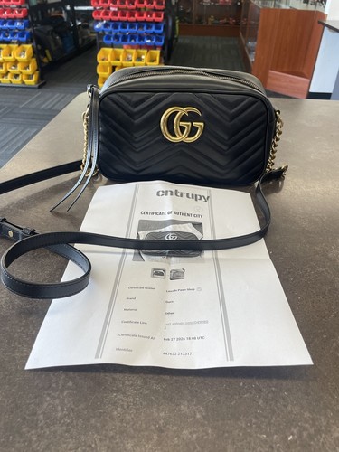 Gucci Calfskin Matelasse Small GG Marmont Chain Shoulder Bag Black