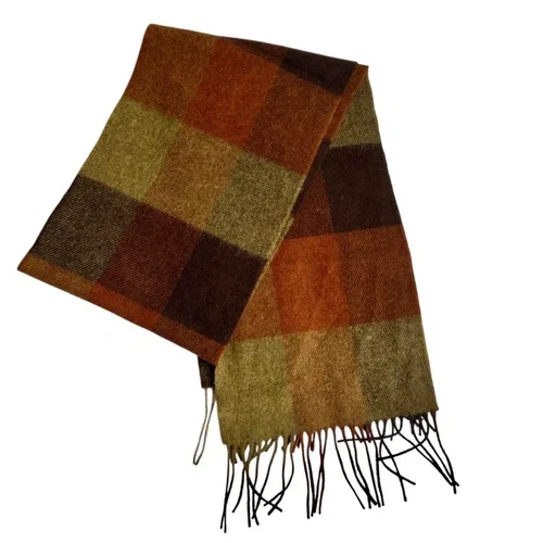 Foxford Scarf 100% Lambswool Plaid Rectangle 75 x11 Green Brown Made in Ireland