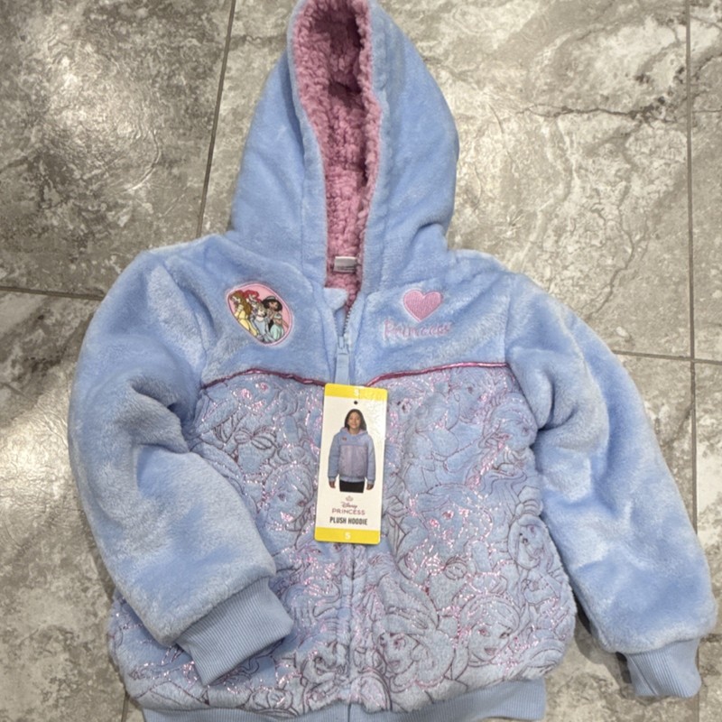 Disney Princess Girls Plush Hoodie Jacket Light Blue Pink Size 5 Hooded