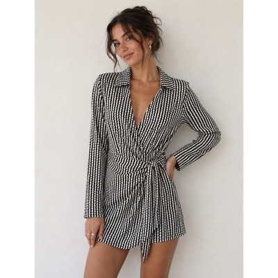 H&M Wrap Dress Long Sleeve Zig Zag Black Cream Size XS Mini Shirt Dress