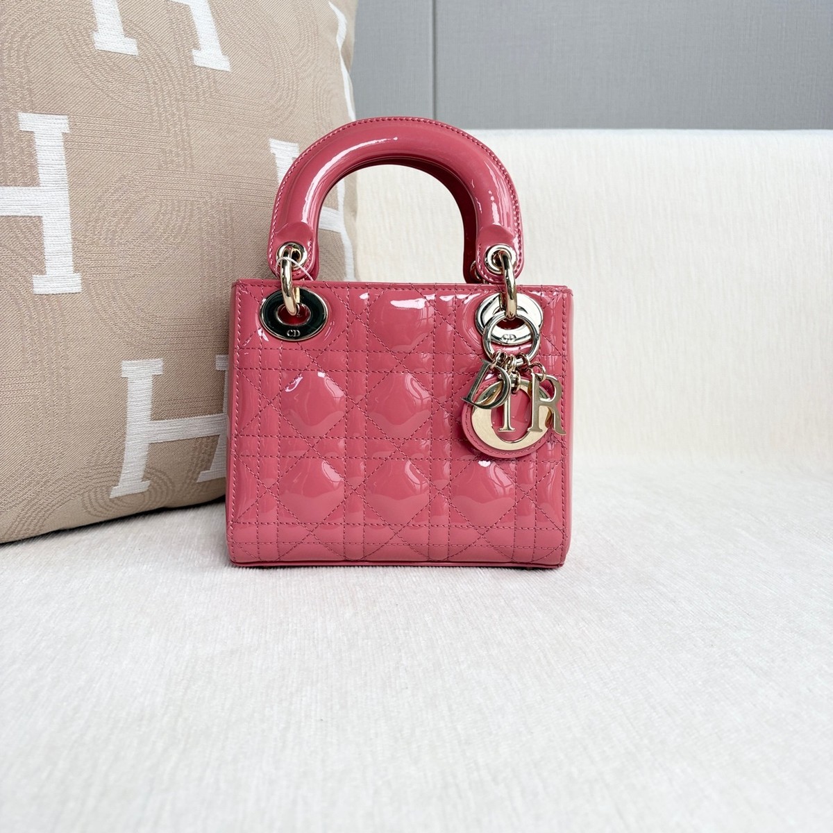 Auth Dior Lady Dior Mini Pink Leather Cannage Bag Gold Hardware