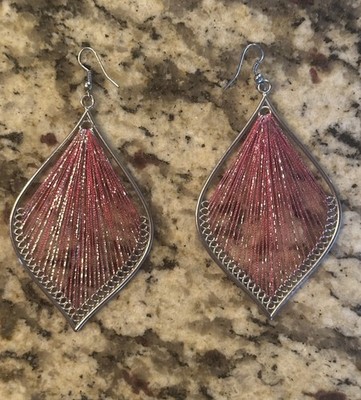 Artisan made large silk thread earrings red metallic in a large water drop shape