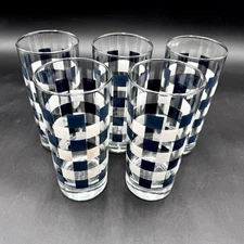 Anchor Hocking Navy Blue Gingham Check 6.25” Tumbler Glasses SET/5 Vintage