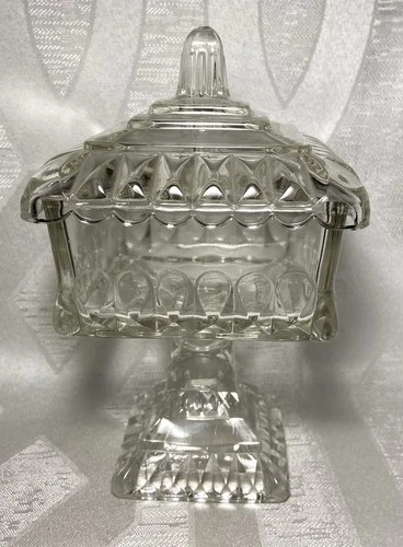 Vintage Jeanette Pressed Glass Crystal 7” Square Pedestal Candy Dish