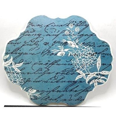 Elements Floral Script Wall Plaque 11x12 Blue White Scalloped Wood Decor NEW