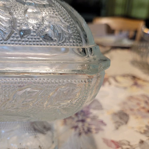 Vintage Glass Dish Oak Leaf Acorn  Glass Covered Pedestal Candy Dish
