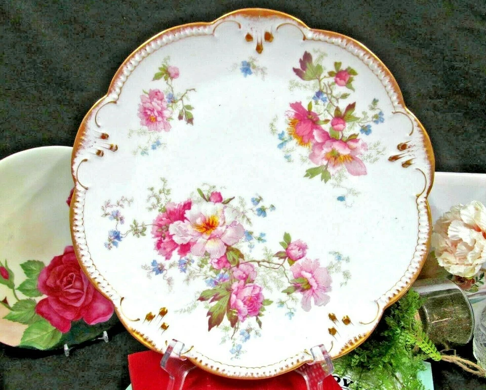 AK LIMOGES FRANCIA Cargador Grande Rosa Rosas y Flores Años 20 Plato Dorado Dorado Dorado Foto 2 de 4
