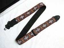 LM Jaquard orange RETRO pattern GUITAR strap NEW nylon - LEATHER ends