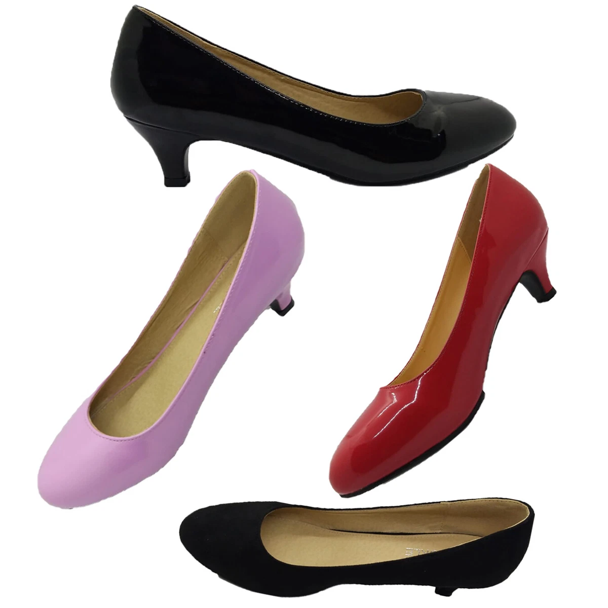 LADIES WOMENS LOW KITTEN HEEL WORK COURT EVENING GIRLS SHOES PUMPS UK BIG SIZES