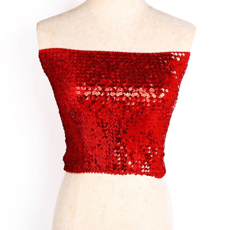 Women Sequins Boob Crop Tube Top Skirt Shiny Glitter Stretch Dance