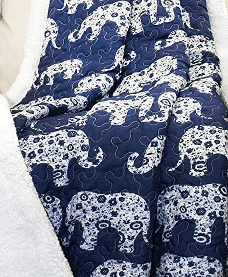 Lush Decor Navy Elephant Parade Throw Fuzzy Reversible Sherpa Blanket 60&rdquo; X 50 W