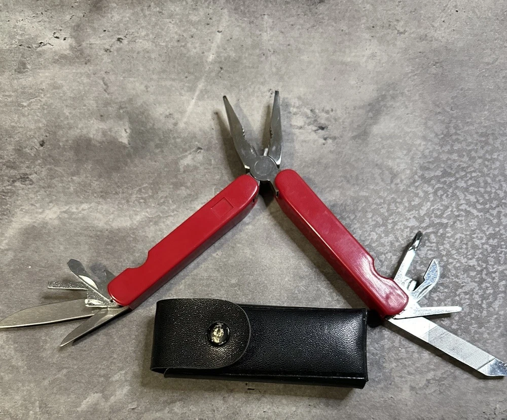 Multi Tool 9-1 Red Vintage With Case Pliers Folding Bottle Opener File Knife