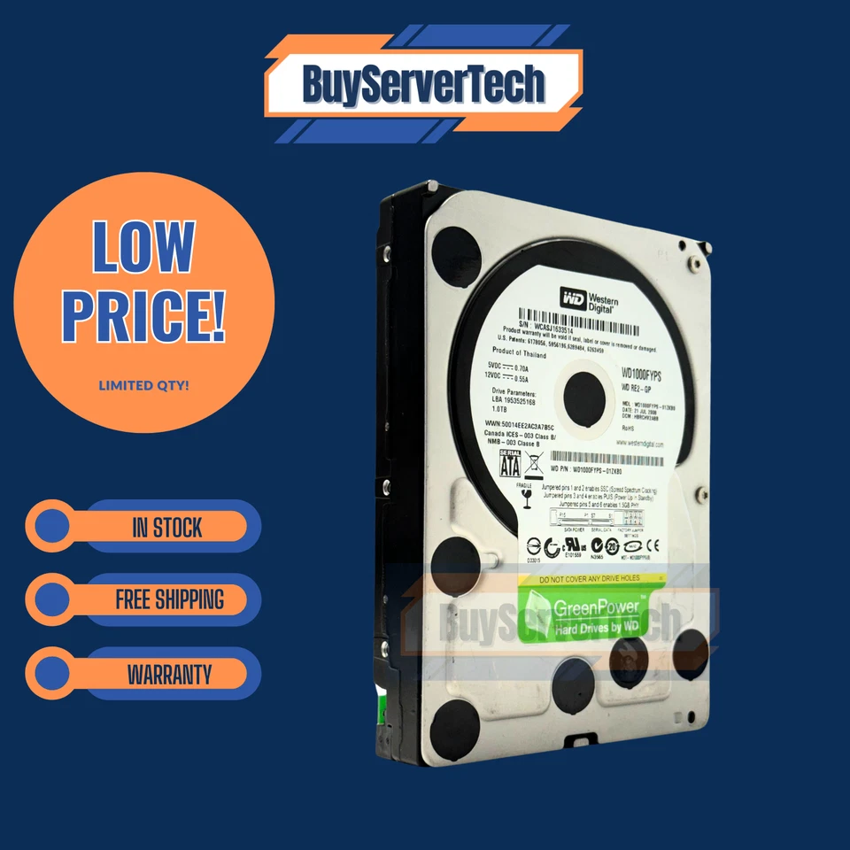 WD GreenPower 1TB 7200RPM 3.5" SATA HDD WD1000FYPS RE2-GP 16MB Cache 0HRS HDD - Image 2 of 4