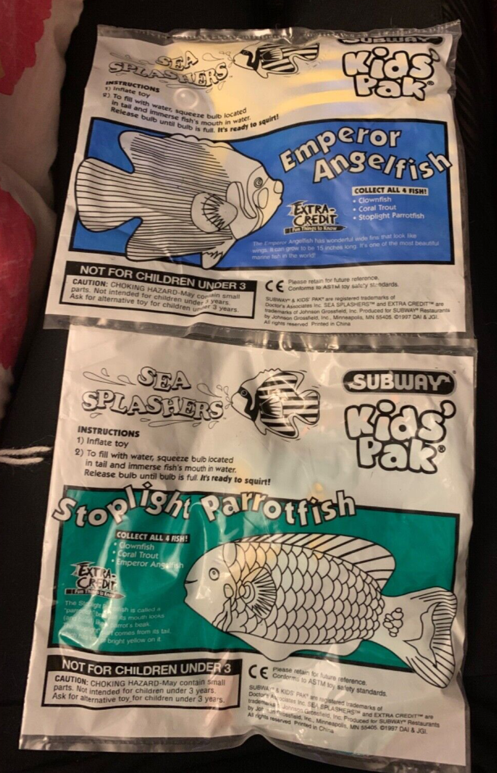 Lot of 2 Subway Kids Pak Sea Splashers Inflatable Toys Fish Angelfish Parrotfish