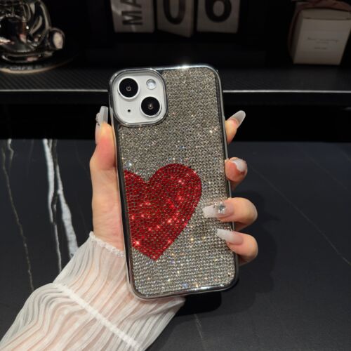 For iPhone 15 Pro Max 14 13 12 Plated Glitter Rhinestone Heart Design Phone Case - Picture 13 of 19