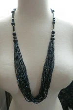 Black Glass Long Necklace Multi Strand AB Silver Flash Tube Beads 33" Old Stock