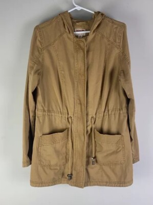 Mossimo Gold Utility Jacket Hood Adjustable Waist Zip Up Button Closure Size L