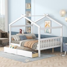 Full Size Daybed Wood Bed Frame Sofa Bed with 2 Drawers  White/Natural