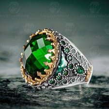 925 Sterling Silver Enameled Green Cubic Zirconia Stone Handmade Men's Ring