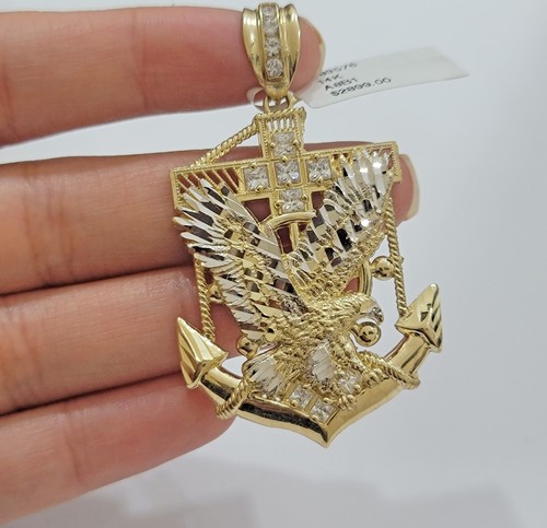 Real 14k Yellow Gold Charm Eagle Anchor Pendant With White gold and stone Men's - Picture 3 of 7
