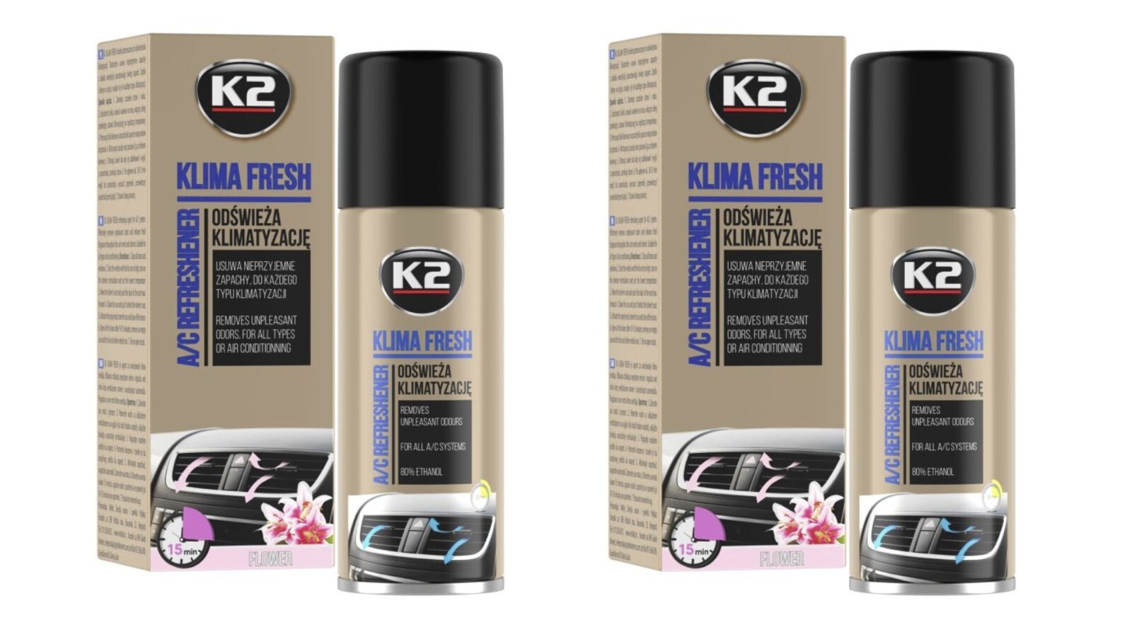 2 X K2 KLIMA FRESH A/C AIR CONDITIONING REFRESHER ELIMINATE ODOUR 150ml FLOWER