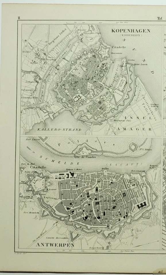 1851 antiguos mapas de la ciudad de J. G. Heck Copenhague, Estocolmo, Anwerpen, Ámsterdam Foto 2 de 4