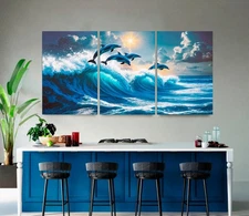 Blue Wave Wall Art, 3-Panel Canvas, Ocean Decor, Large Modern Dolphin Wall Art
