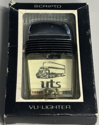 VINTAGE SCRIPTO VU UTS TRANSFER TRUCK BLACK BAND LIGHTER IN BOX #412