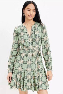 Loft Tiled Vine Godest Long Sleeved Flowy Green Dress XL NWOT