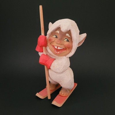 Vintage Henning Troll Standing on Skis Hand Carved in Norway 7 1/2''