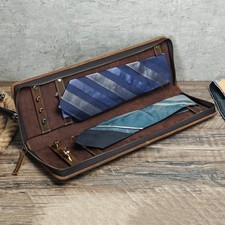 Travel Necktie Box Genuine Leather Ties Storage Pouch Case Tie Cuff Links Holder