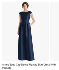 Alfred Sung Navy Cap Sleeve Pleated Skirt Dress with Pockets