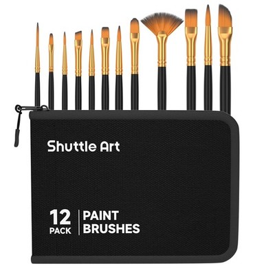 Shuttle Art 12 PCS Paint Brush Set with Case, Assorted Shapes & Sizes Black