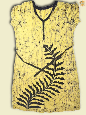 Handmade Batik Dress XL   Yellow Black Leaf Print   Sri Lanka Ethnic Boho Tunic 