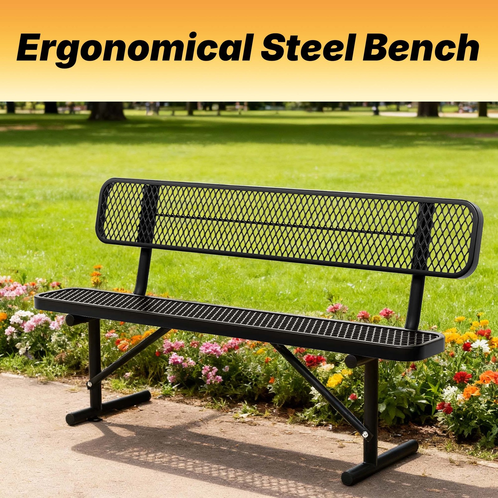LAUCO Heavy Duty Steel Outdoor Picnic Bench, Black Powder Coated, 72-Inch Black