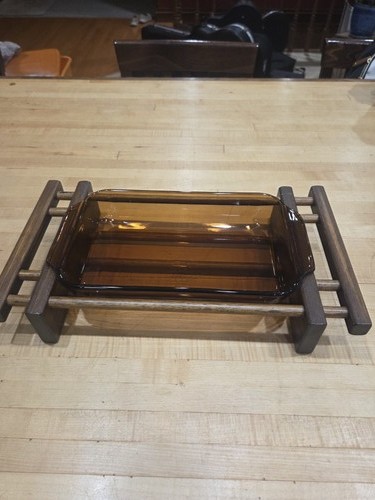 Vintage Fire King Amber Glass Baking Dish with Wood Cradle Carrier Trivet 11x7