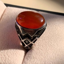 Sizable Genuine Blood Yemen Aqeeq Agate Handmade 925K STERLING SILVER Men's Ring