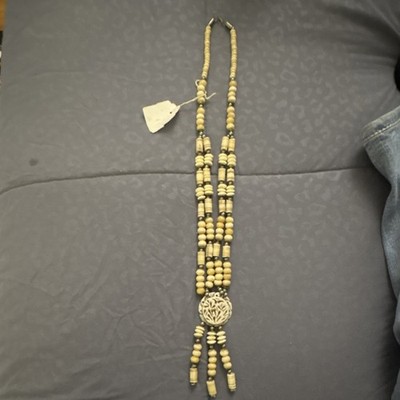 Beaded Bone Brass Multi-Strand Tribal Necklace with Round Nature Pendant