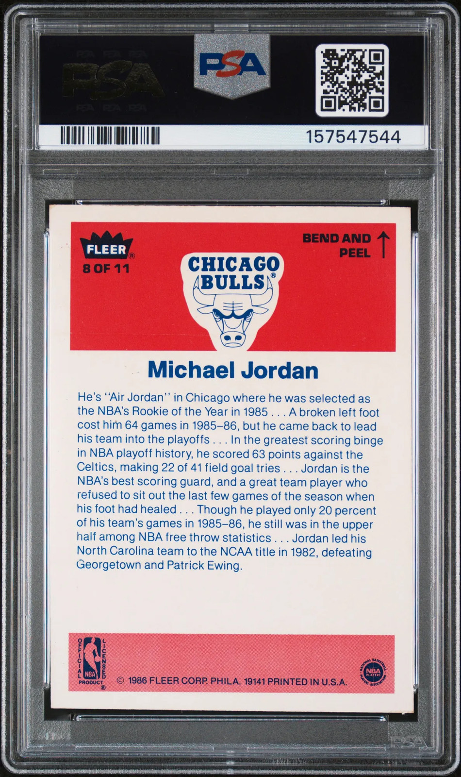 1986 Fleer Sticker #8 - Michael Jordan Rookie (RC) PSA 6 EX-MT (544) view 2